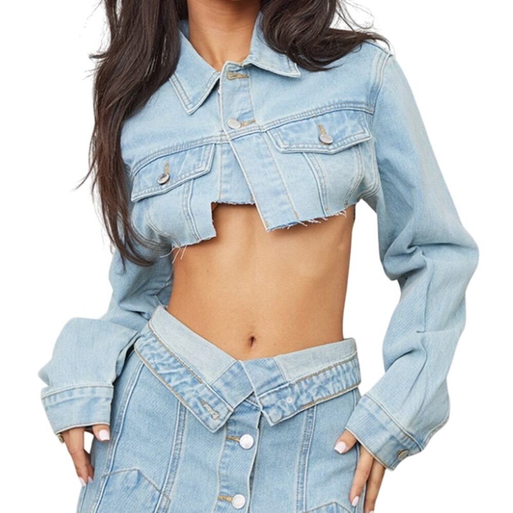 PrettyLittleThing Petite Distressed Super Cropped Denim Jacket, Size 10P